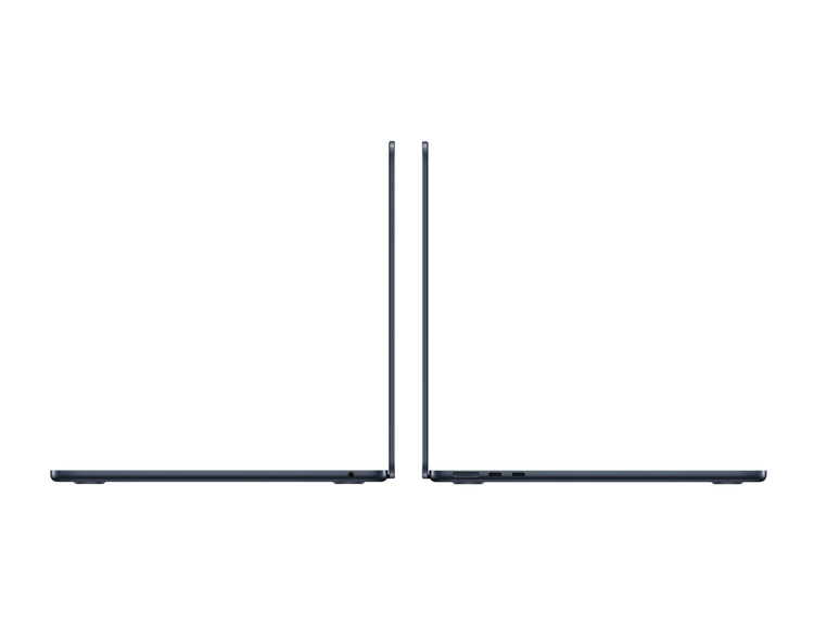 Side profile view of the 13 inch MacBook Air Midnight showing its slim and sleek design