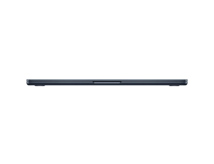 Closed 13 inch MacBook Air Midnight viewed from the side showing its slim profile
