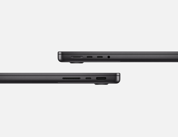 Side view of the sleek 14-inch MacBook Pro M4 showing ports and slim design