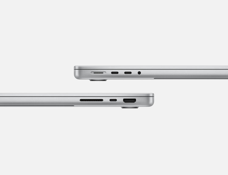 Side view showing ports and sleek design of the Apple 14-inch MacBook Pro M4 in silver