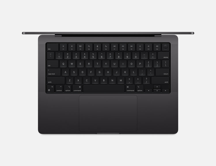 14 inch MacBook Pro Space Black top view showing keyboard and trackpad layout