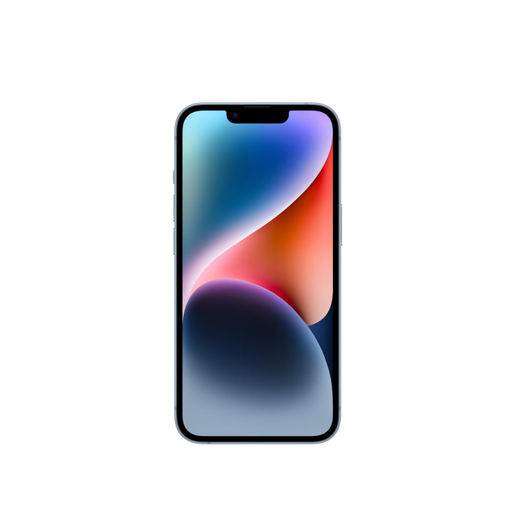 Apple iPhone 14 blue with 128GB storage displaying colorful abstract wallpaper buy iPhone 14 blue 128GB
