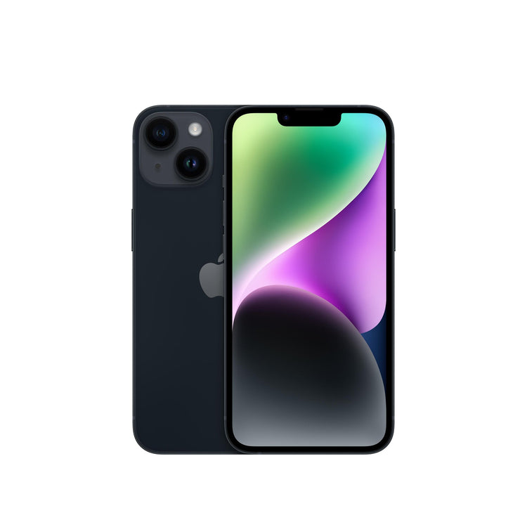 Apple iPhone 14 128GB Midnight with dual camera and vibrant display front and back view