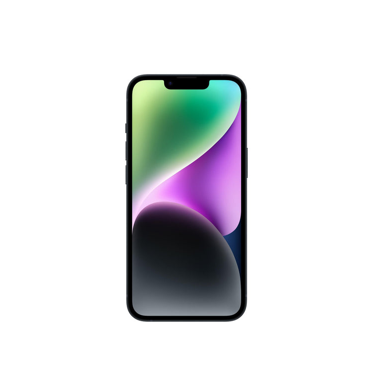 Apple iPhone 14 128GB Midnight front view with vibrant colorful display and sleek design