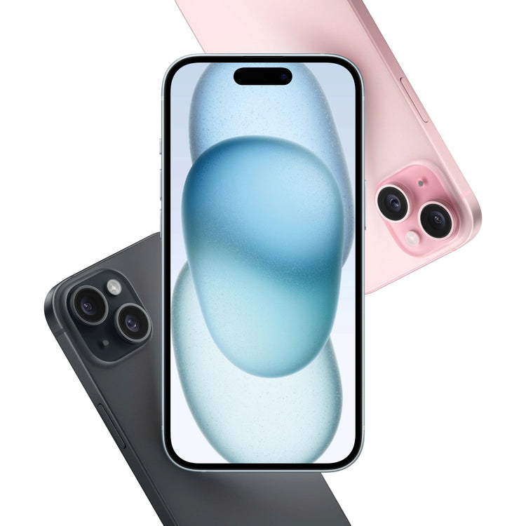 Apple iPhone 15 Black 128GB front and back view with pink and black color options