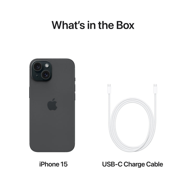 Apple iPhone 15 Black 128GB with USB-C charge cable showing back and cable contents