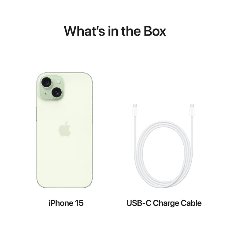 Apple iPhone 15 in light green with USB-C charge cable included in the box