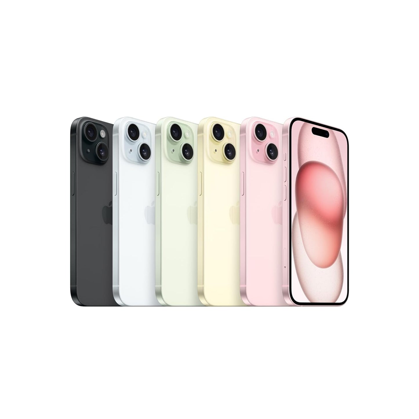 Apple iPhone 15 lineup in black white green yellow and pink showing front and back views