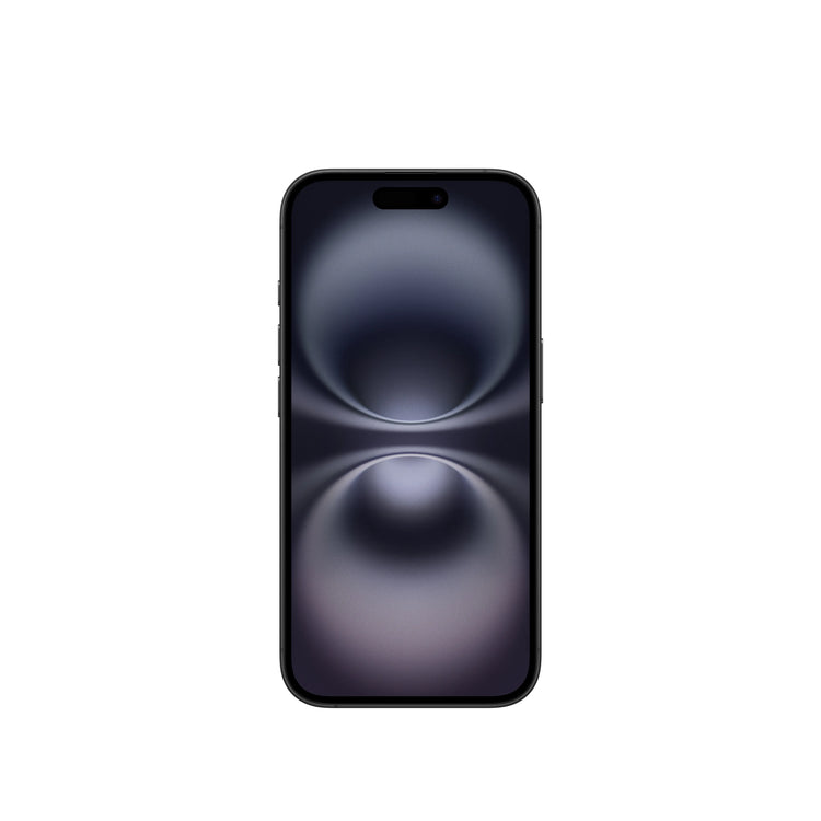 Apple iPhone 16 128GB black front view with dark abstract wallpaper on screen