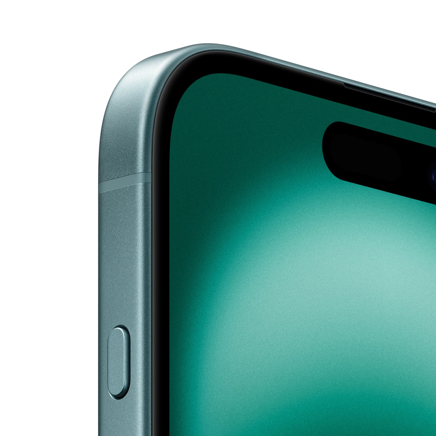 Close-up of Apple iPhone 16 128GB showing the side button and top corner of the screen