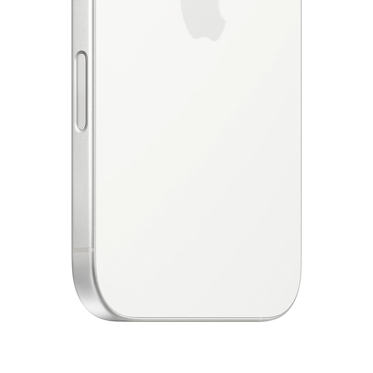 Close-up of Apple iPhone 16 White 128GB purchase showing sleek white back and silver side button