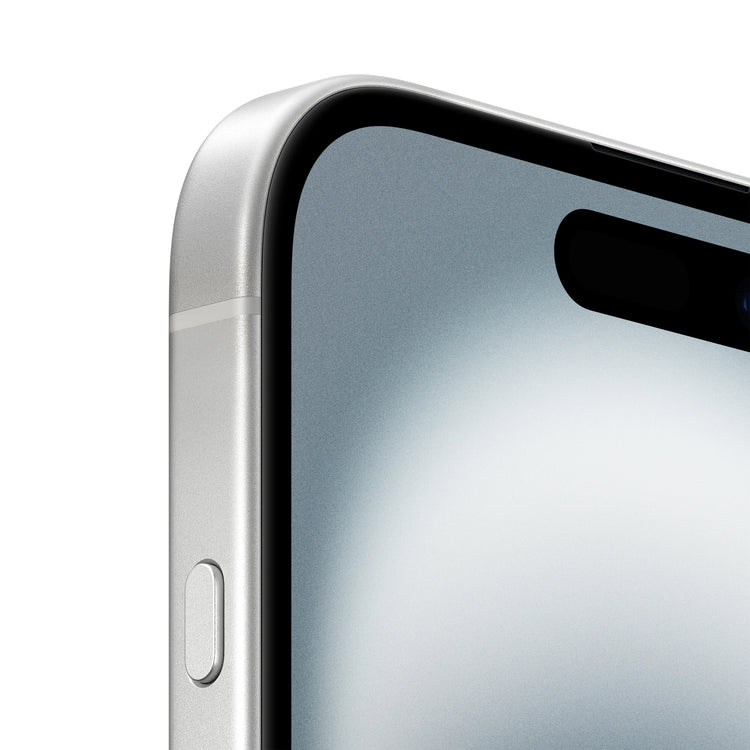 Close-up of Apple iPhone 16 White 128GB purchase showing the top corner and side button