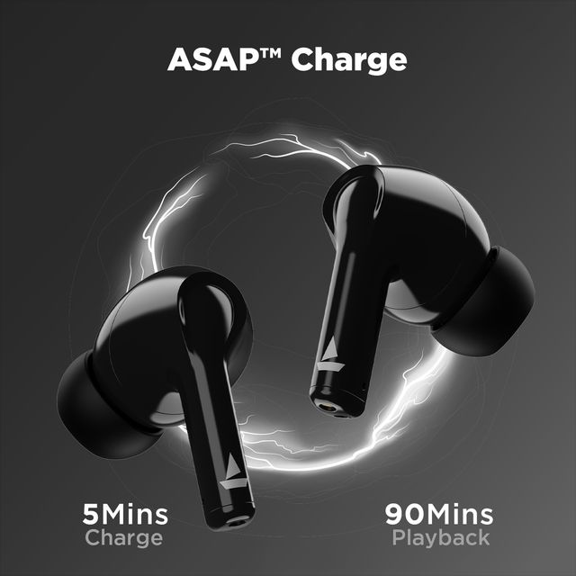 boAt Airdopes 163 wireless earbuds in black showing ASAP charge feature with 5 minutes charge for 90 minutes playback
