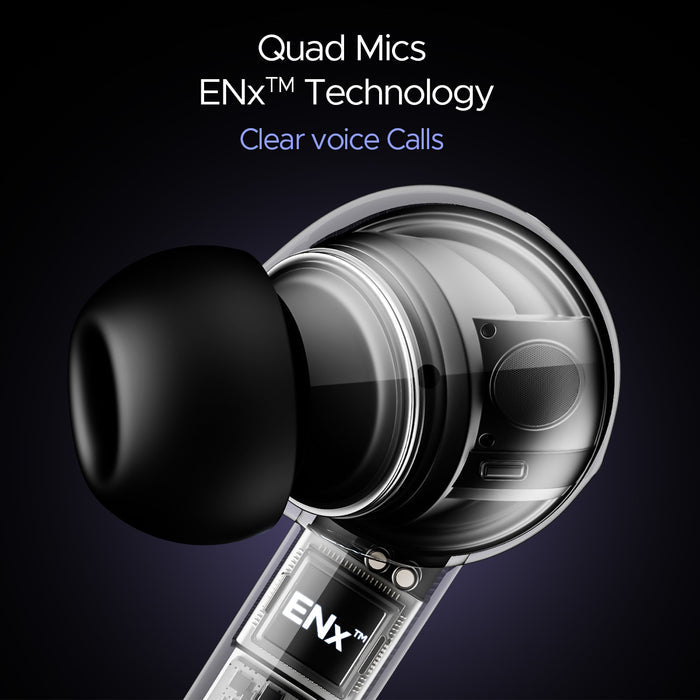 Close-up of boAt Airdopes 170 wireless earbuds showcasing quad mics and ENx technology for clear voice calls