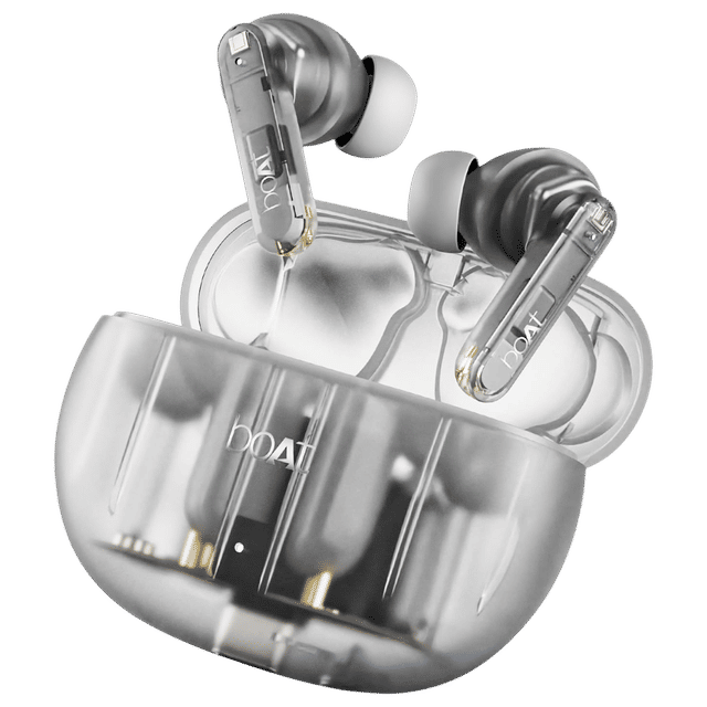 boAt Airdopes 191 ANC earbuds in transparent charging case with black silicone ear tips