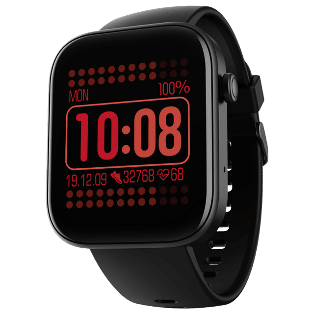 boAt Wave Astra smartwatch in black showing time steps and heart rate on display