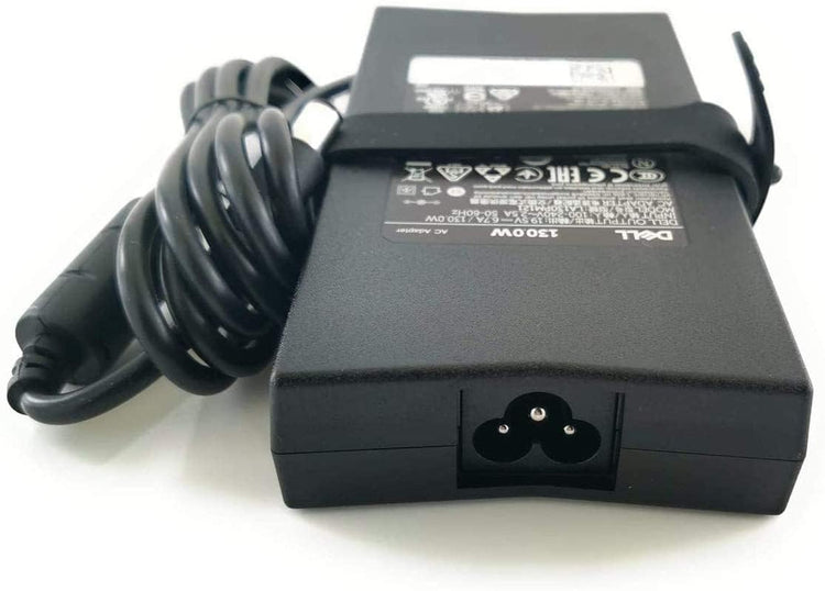 Dell 130W power adapter black rectangular laptop charger with power cord coiled beside it