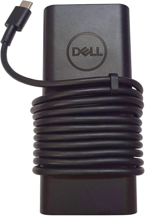 Dell 65W USB-C charger with black adapter and coiled cable for laptops and devices