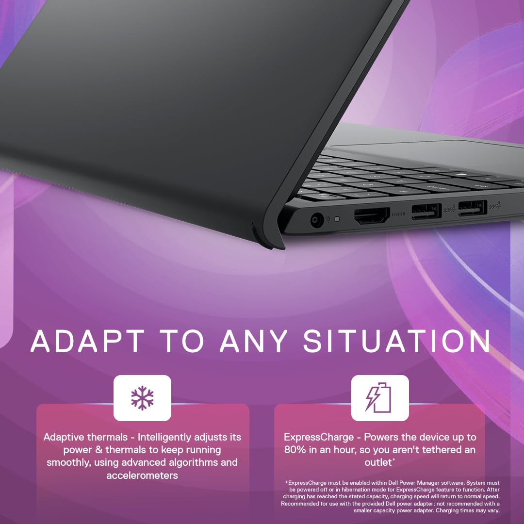 Dell Inspiron 15 laptop partially open showing side ports and keyboard on purple promotional background