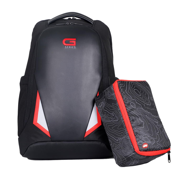Dell G Series 17 inch laptop backpack in black with red and white accents and matching accessory pouch