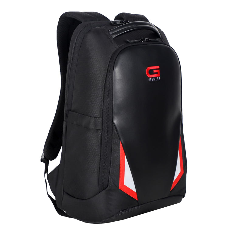 Black Dell G Series 17 inch laptop backpack with red and white accents and padded shoulder straps