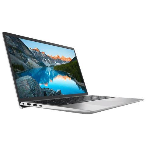 Sleek silver Dell Inspiron 15 3530 laptop displaying a vibrant mountain and lake wallpaper