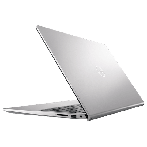 Sleek silver Dell Inspiron 3520 laptop partially open showing side ports and keyboard