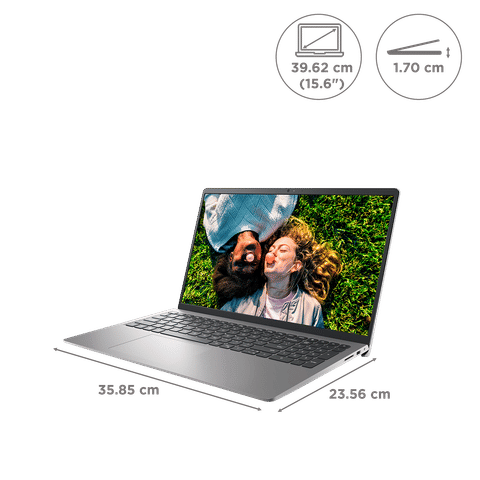 Dell Inspiron 3520 laptop open showing screen with two people lying on grass and laptop dimensions
