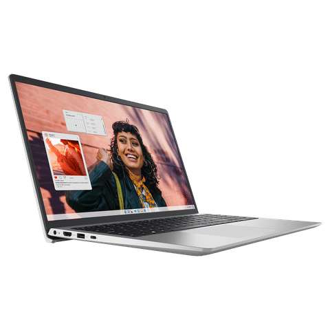 Sleek silver Dell Inspiron15 3530 laptop with open screen displaying a smiling woman on black background