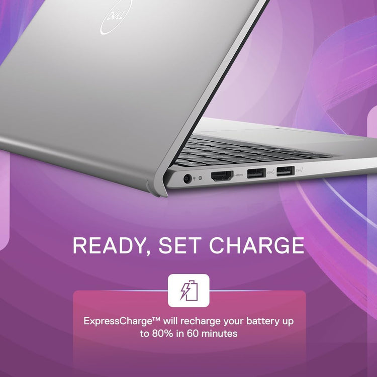 Silver Dell Inspiron15 3530 laptop partially open showing side ports with ExpressCharge battery feature