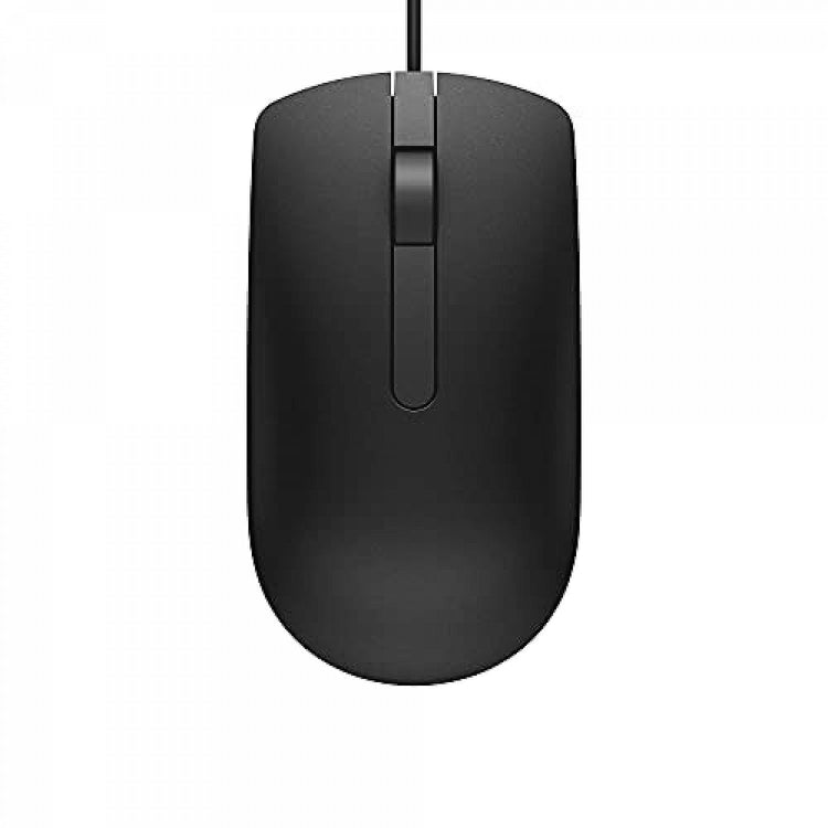 Black wired Dell MS116 optical mouse with scroll wheel and ergonomic design