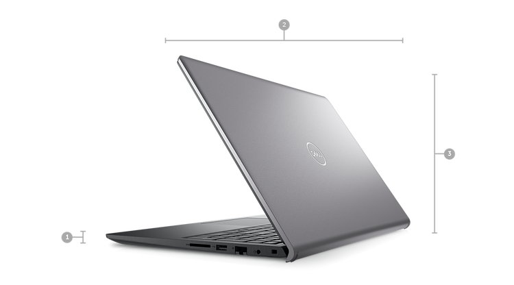 Sleek silver Dell Vostro 3520 laptop partially open showing side ports and back cover design