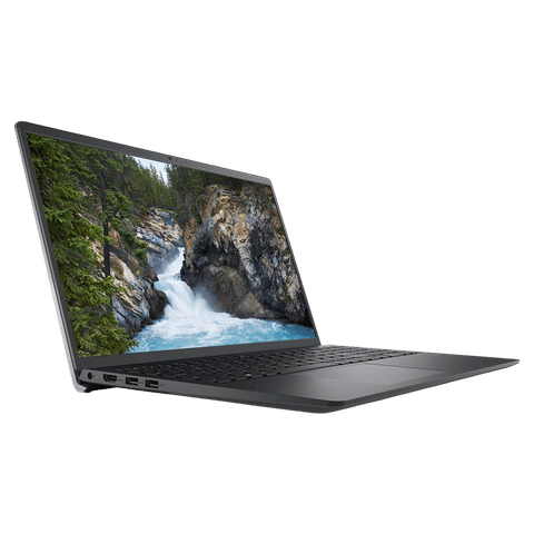 Dell Vostro 3520 laptop open showing nature waterfall wallpaper and side USB ports