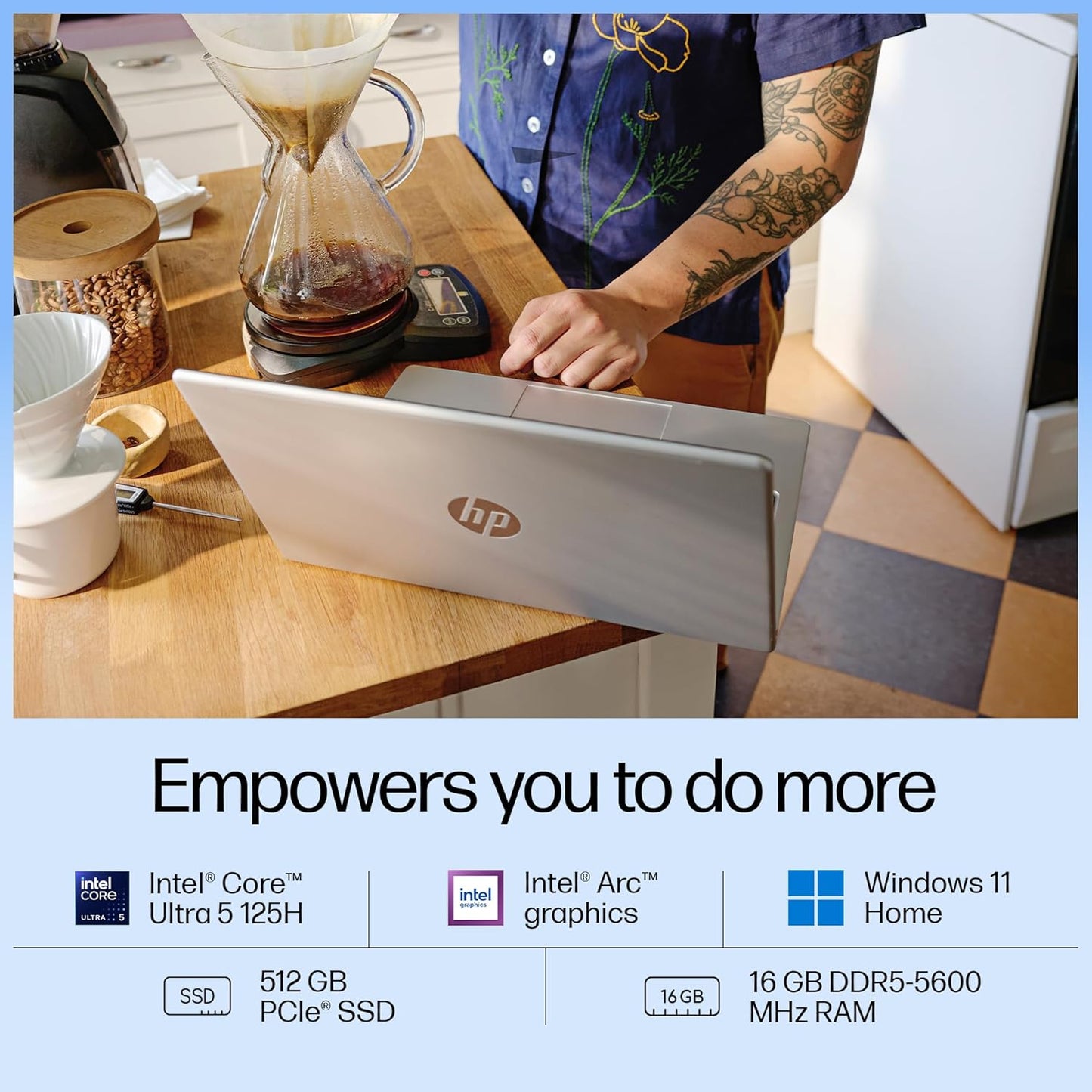 HP 14-gr1022TU laptop in silver on kitchen counter with coffee brewing accessories in background