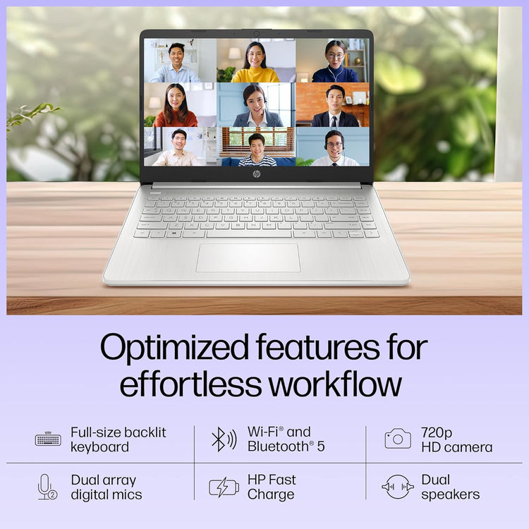 HP 14s-dq5138TU laptop with full-size backlit keyboard, HD camera, and dual speakers for video calls