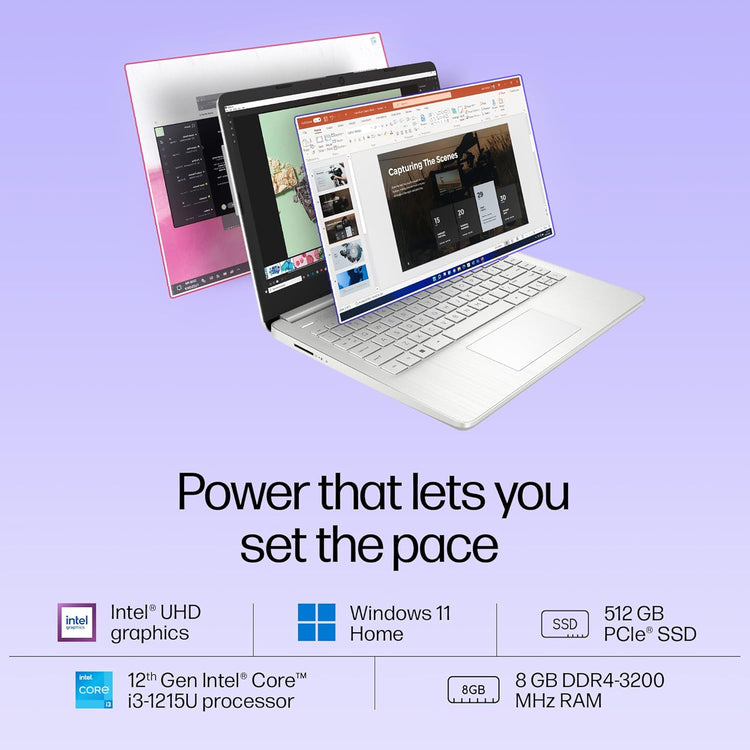 HP 14s-dq5138TU laptop showing multiple screen views with Intel UHD graphics and Windows 11 Home