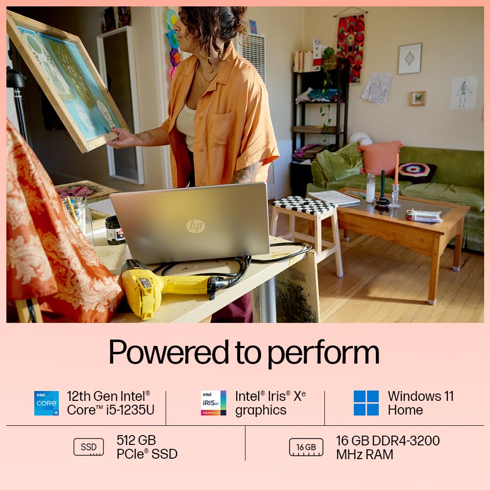 HP 15-fd0112TU natural silver laptop with 12th Gen Intel Core i5 and Intel Iris Xe graphics on a desk