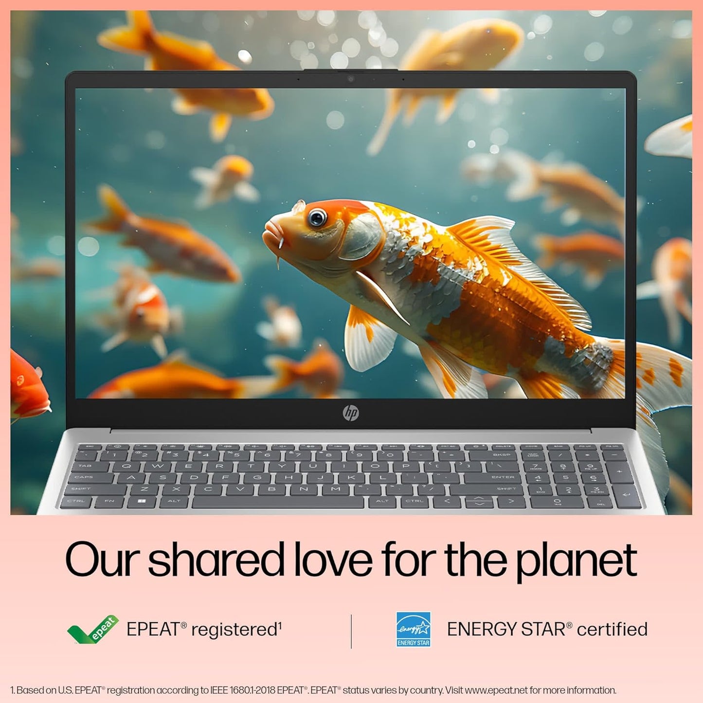 HP 15-fd0112TU natural silver laptop with high-resolution screen showing colorful fish underwater
