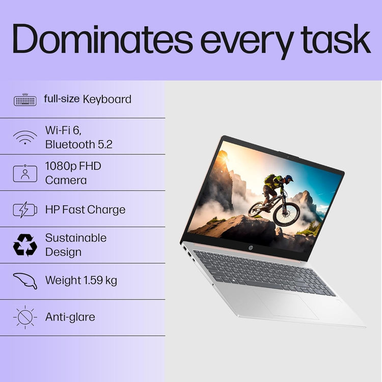 HP 15-fd0186TU laptop with full-size keyboard, 1080p FHD camera, Wi-Fi 6, and anti-glare display
