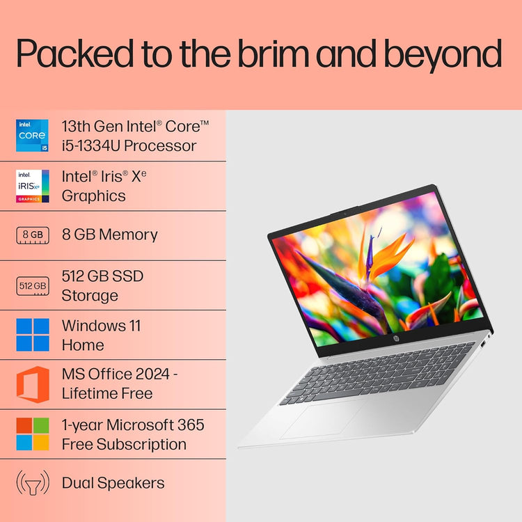 HP 15-fd0467TU laptop with 13th Gen Intel i5 processor, 8GB RAM, 512GB SSD, and Windows 11