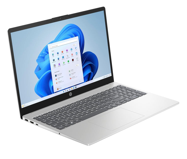 Silver HP 15-fd1097TU laptop with open screen showing Windows 11 desktop and full keyboard