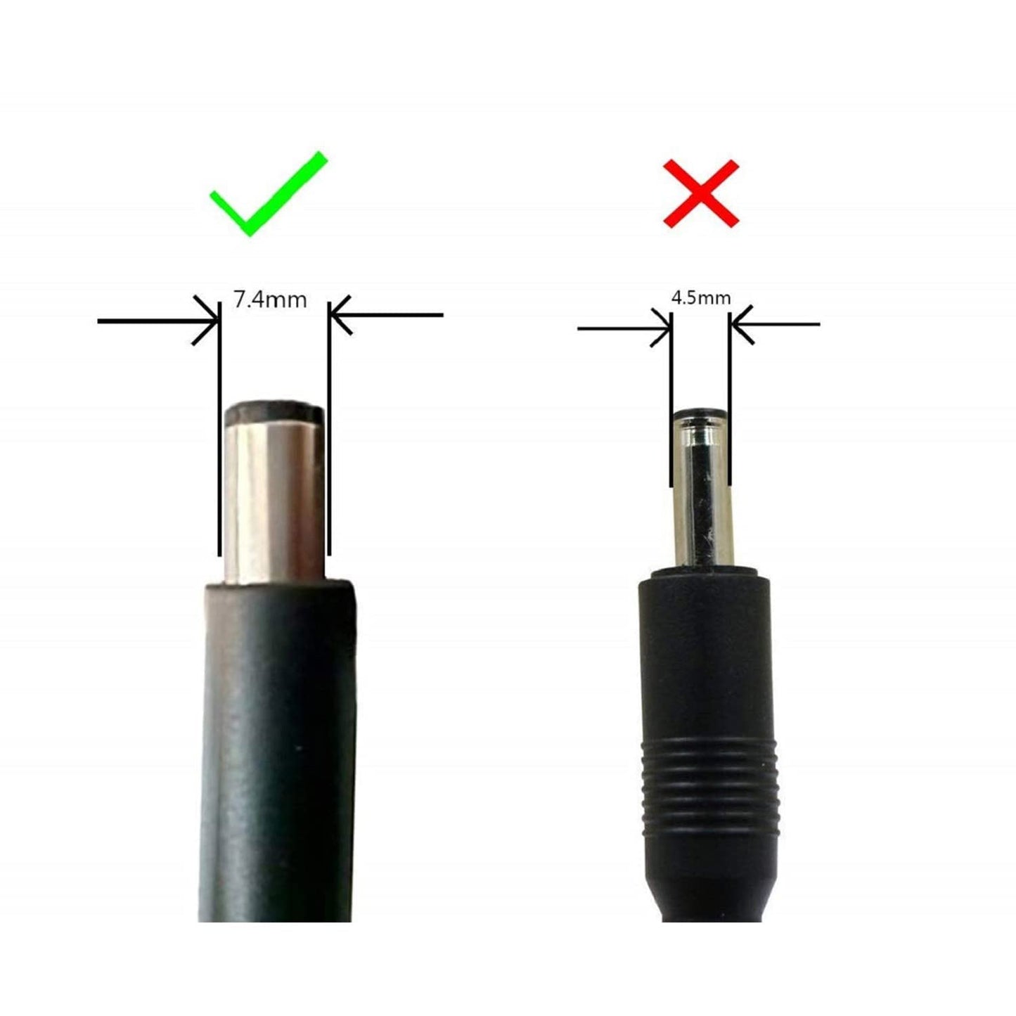 HP 65W laptop charger adapter tip with correct 7.4mm size compared to incorrect 4.5mm size tip