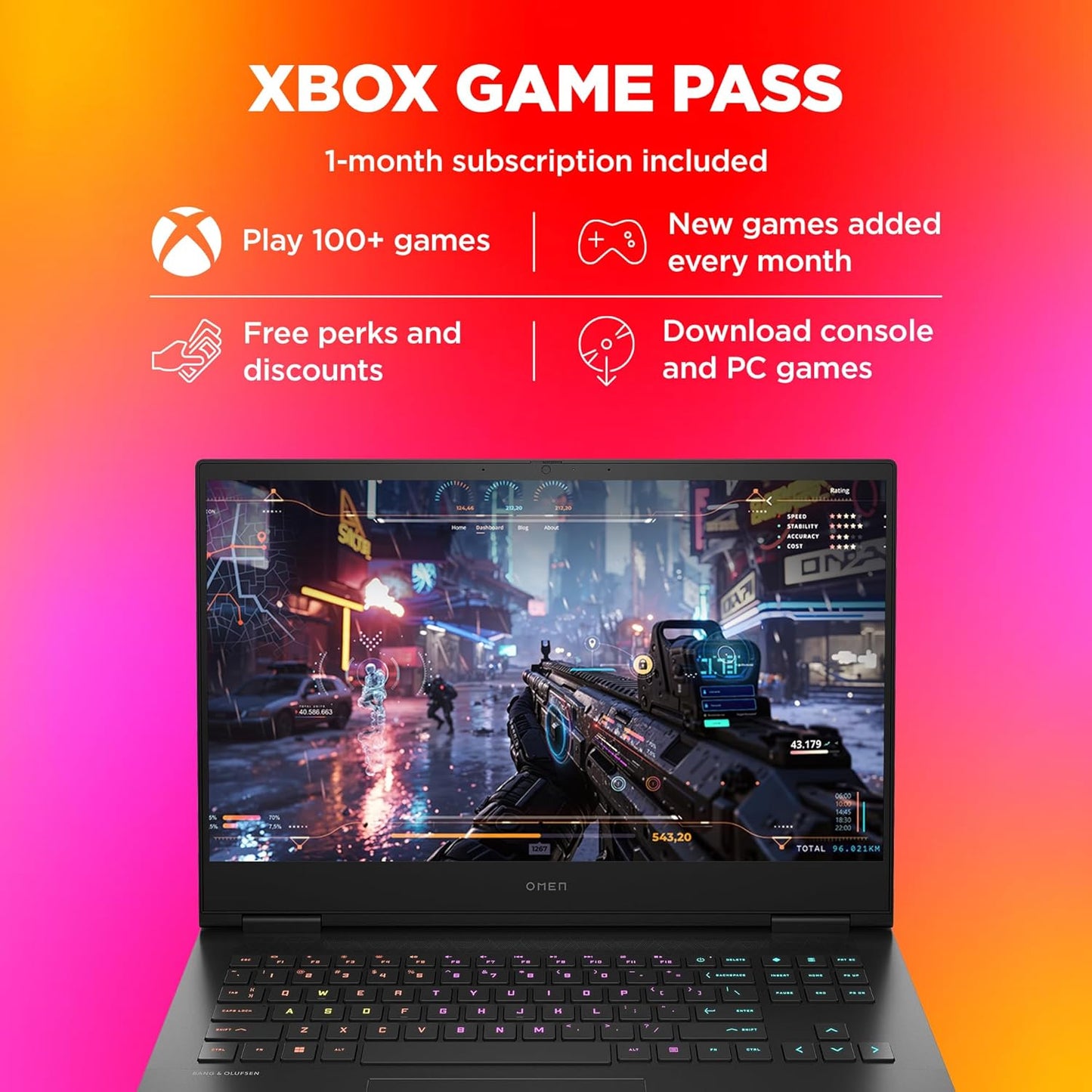 HP Gaming Omen 16 laptop with RGB keyboard displaying a futuristic first-person shooter game