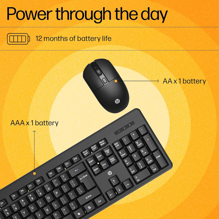 HP KM200 wireless combo with black keyboard and mouse featuring long 12 months battery life