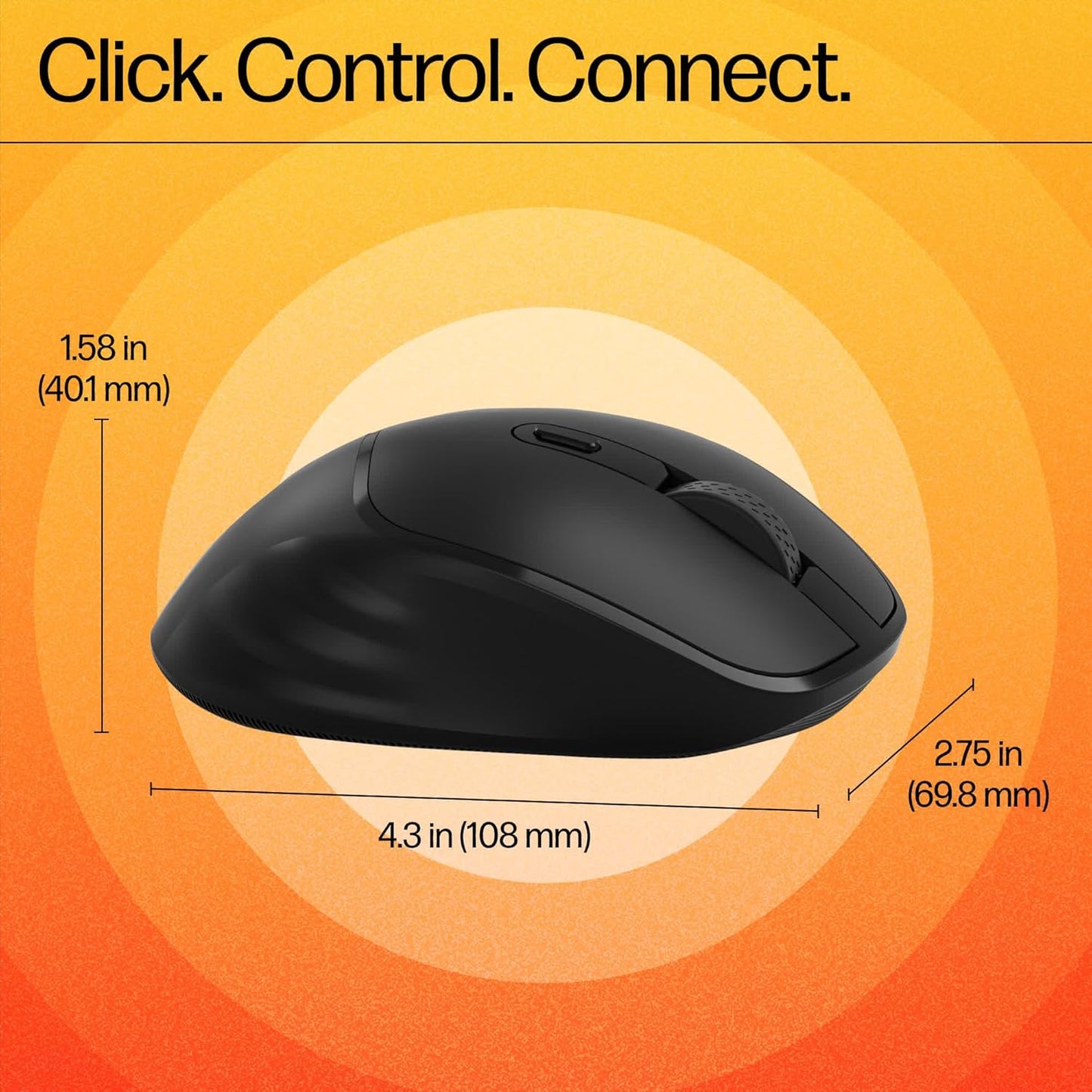 Black HP M120 wireless mouse side view with size dimensions on orange background