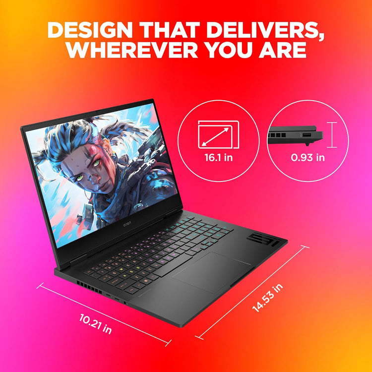 HP Omen 16 gaming laptop showing 16.1 inch screen with slim 0.93 inch thickness and gaming graphics display