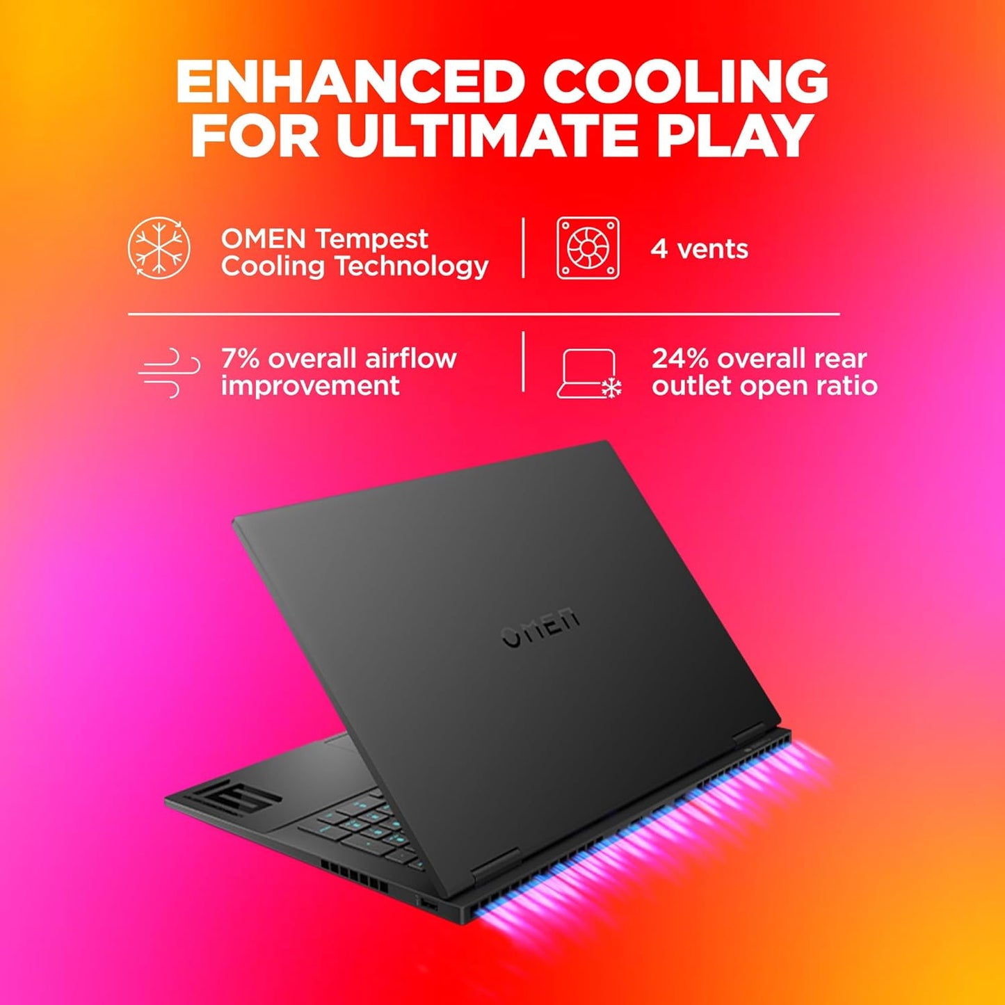 HP Omen 16 gaming laptop with enhanced cooling featuring OMEN Tempest technology and 4 vents