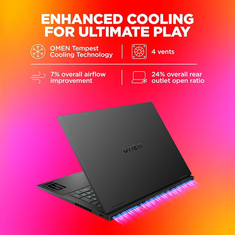 HP Omen 16 gaming laptop with enhanced cooling featuring 4 vents and Omen Tempest Cooling Technology