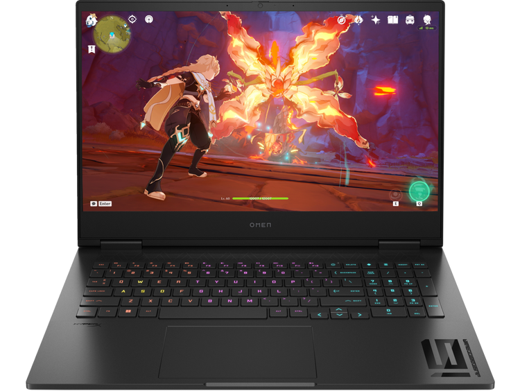 HP Omen 16 gaming laptop showing colorful gameplay with backlit keyboard and sleek design