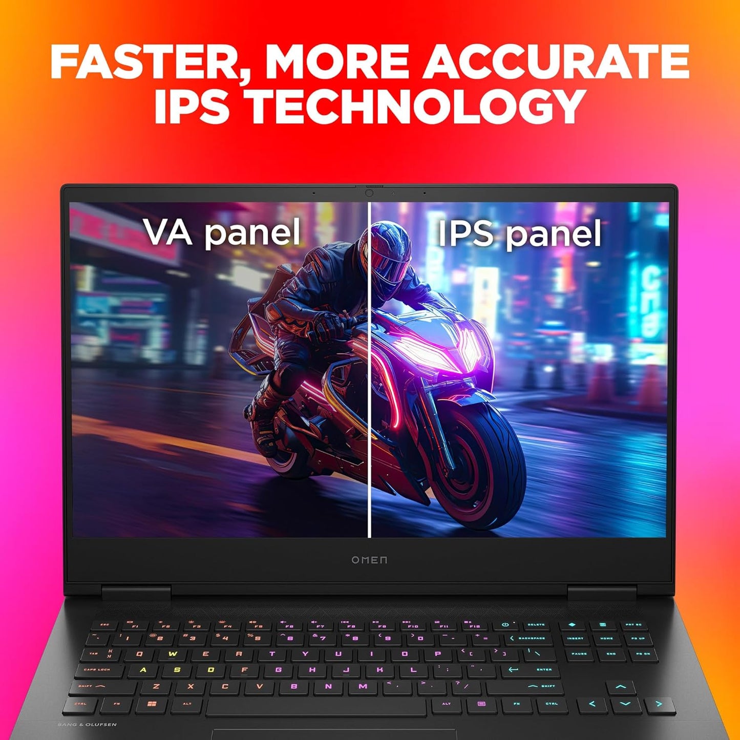 HP Omen 16 gaming laptop displaying side-by-side comparison of VA panel and IPS panel for better visuals